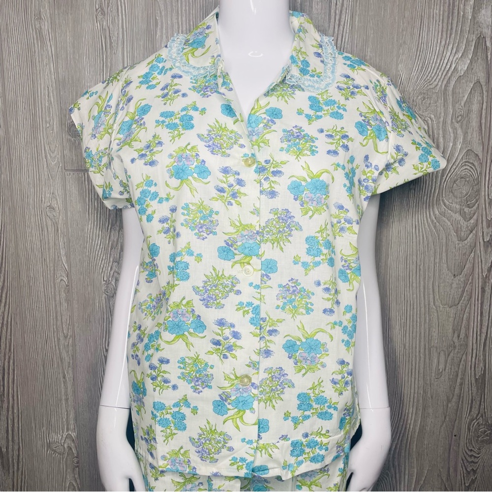 Vintage floral lace collar pajama sleepwear shirt and pants size 38 cotton 1960 - Picture 2 of 10